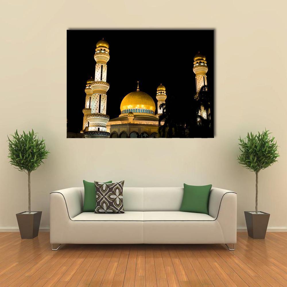 Jame Asr Mosque at Night Canvas Wall Art in black, gold and yellow, single panel hung on a wall