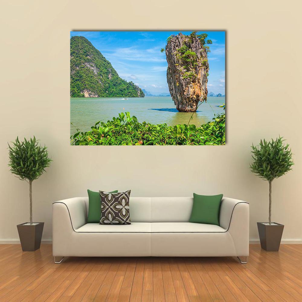 James Bond Island Thailand Seascape Canvas Wall Art in green and blue, single panel hung on a wall