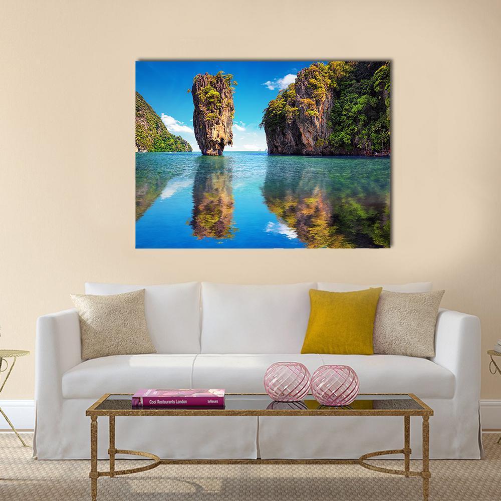 Thailand's James Bond Island Reflection Canvas Wall Art in brown, green and blue, single panel hung on a wall
