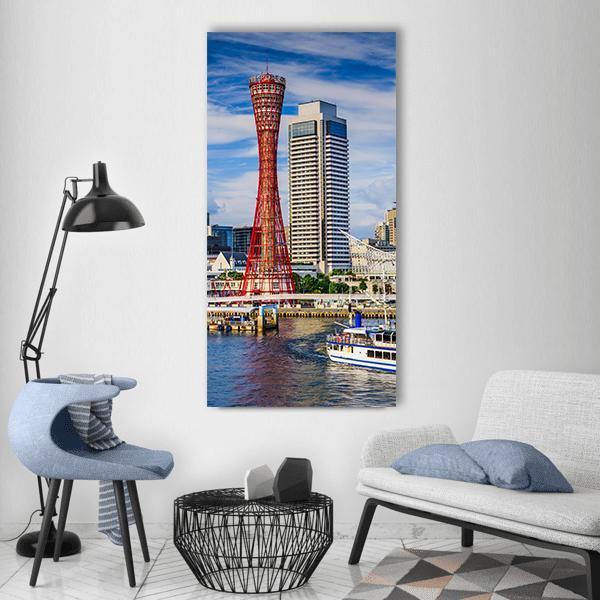 Kobe Port Tower City Skyline Vertical Canvas Wall Art in white, red and blue, single vertical panel hung on a wall