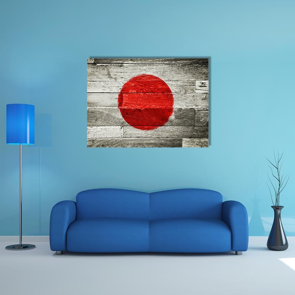 Japanese Flag on Weathered Wood Canvas Wall Art in white, gray and red, single panel hung on a wall