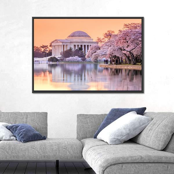 Jefferson Memorial In Spring Canvas Wall Art-1 Piece-Floating Frame-24" x 16"-Tiaracle
