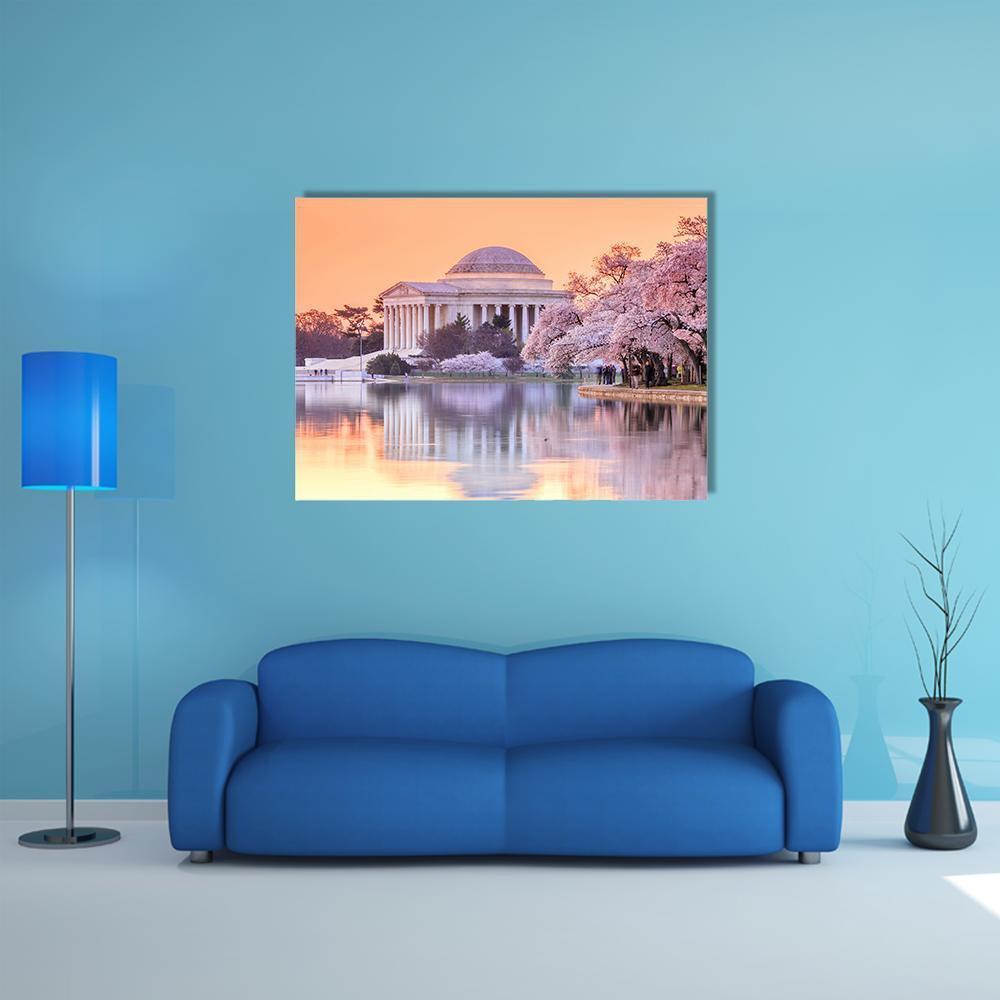 Jefferson Memorial in Spring Canvas Wall Art in white, orange and pink, single panel hung on a wall