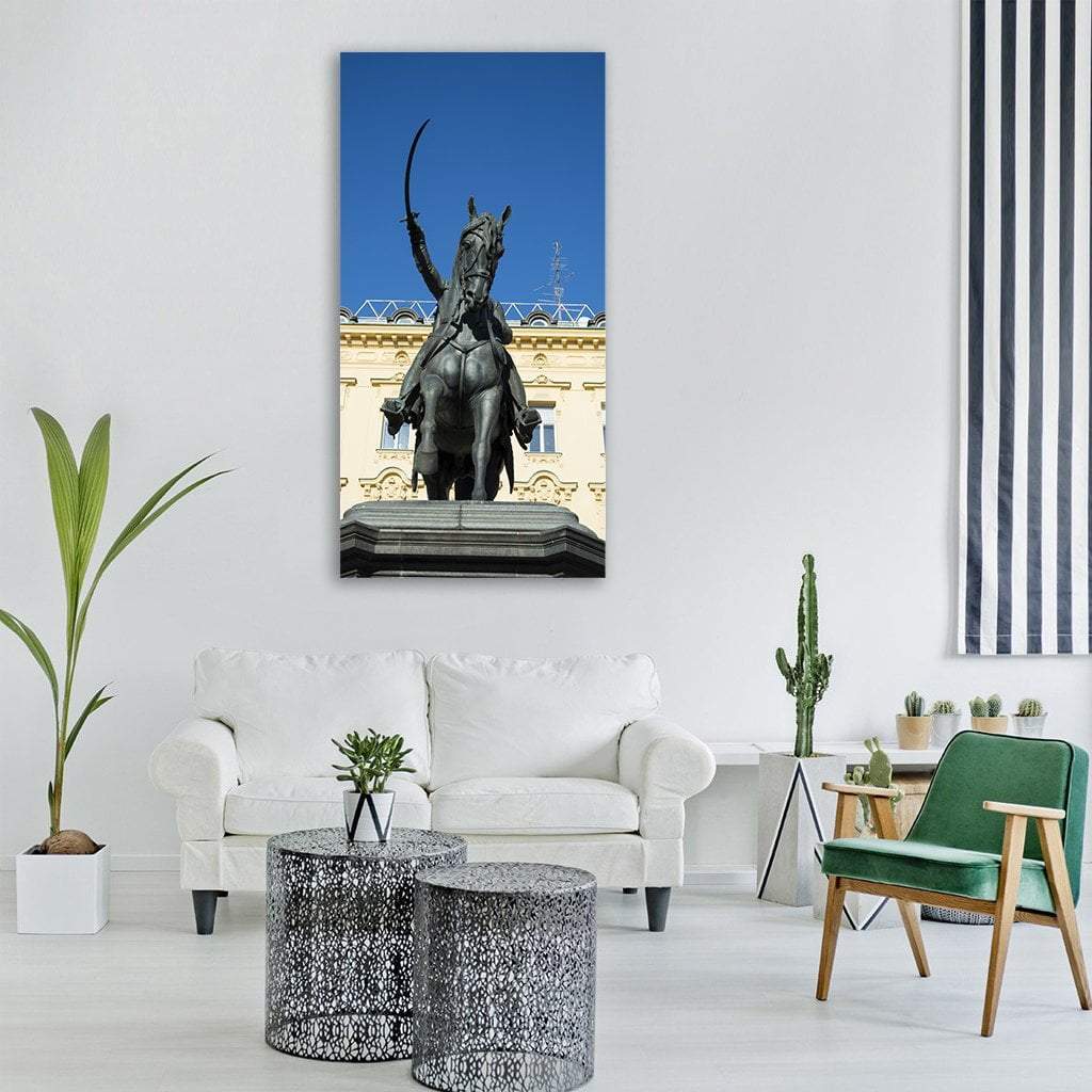 Jelacic Square Bronze Equestrian Statue, Zagreb Vertical Canvas Wall Art in gray and blue, single vertical panel hung on a wall