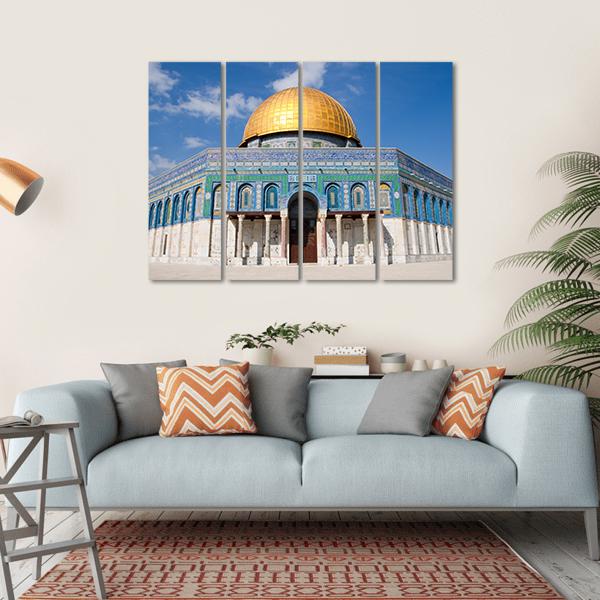 Dome of the Rock, Jerusalem Canvas Wall Art in beige, gold and blue, single panel hung on a wall