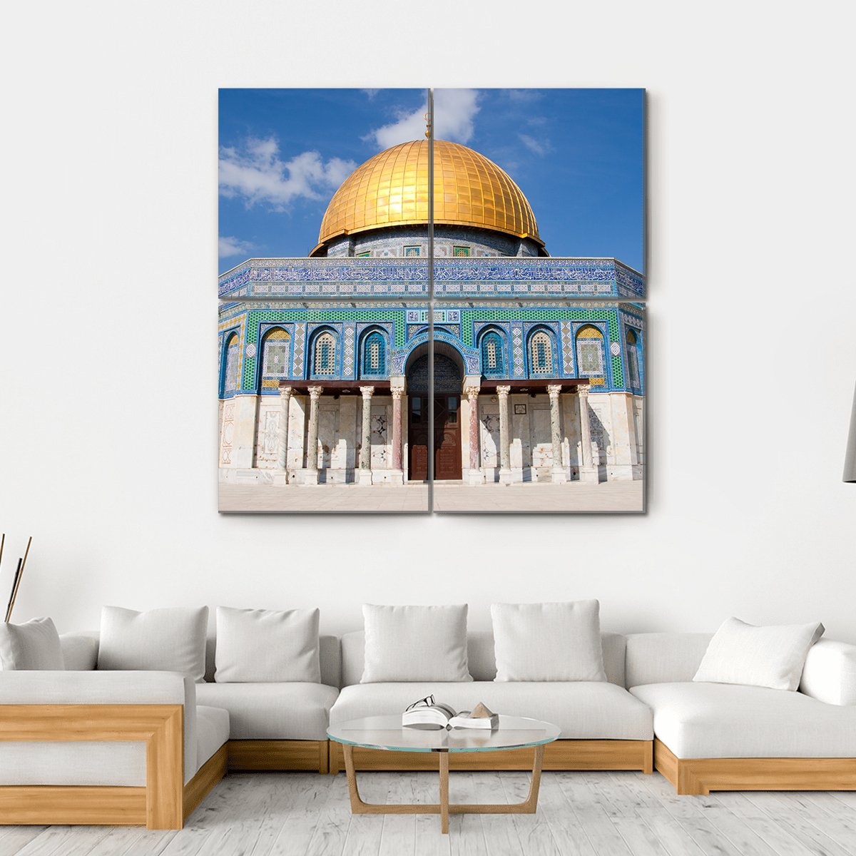 Dome of the Rock, Jerusalem Canvas Wall Art in beige, gold and blue, single panel hung on a wall