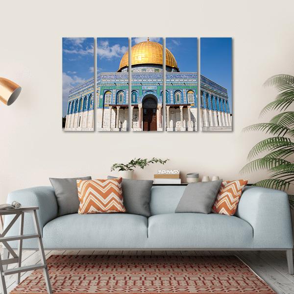 Dome of the Rock, Jerusalem Canvas Wall Art in beige, gold and blue, hung on a wall