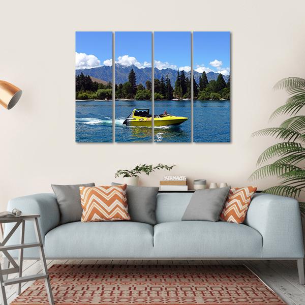 Yellow Jet Boat on Lake Wakatipu Canvas Wall Art in yellow, green and blue, single panel hung on a wall