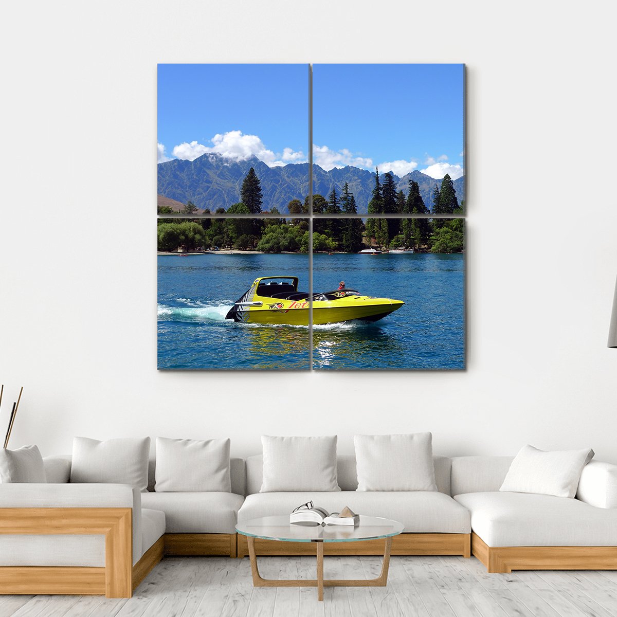 Yellow Jet Boat on Lake Wakatipu Canvas Wall Art in yellow, green and blue, single panel hung on a wall