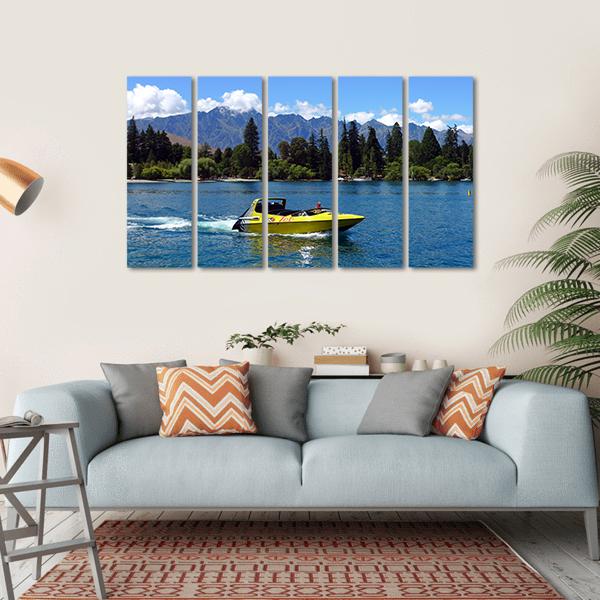 Yellow Jet Boat on Lake Wakatipu Canvas Wall Art in yellow, green and blue, single panel hung on a wall