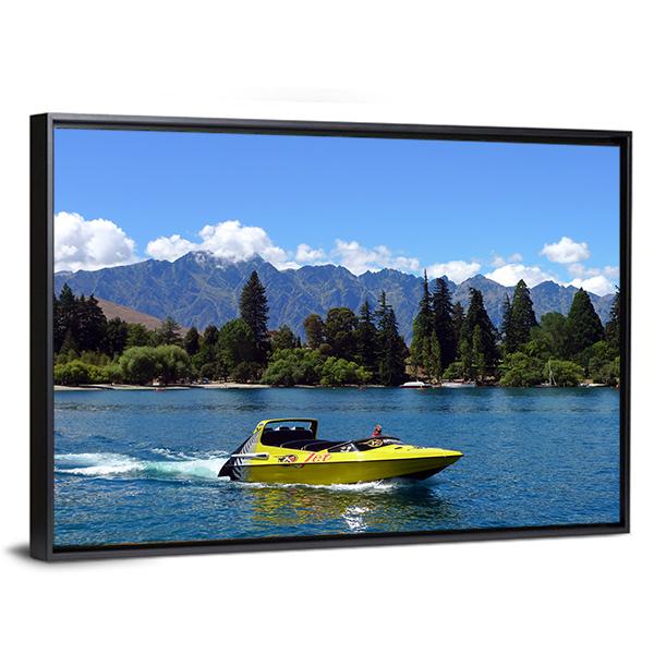 Jet Boat On Lake Wakatipu Canvas Wall Art-3 Horizontal-Gallery Wrap-25" x 16"-Tiaracle