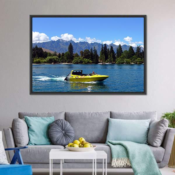 Jet Boat On Lake Wakatipu Canvas Wall Art-3 Horizontal-Gallery Wrap-25" x 16"-Tiaracle