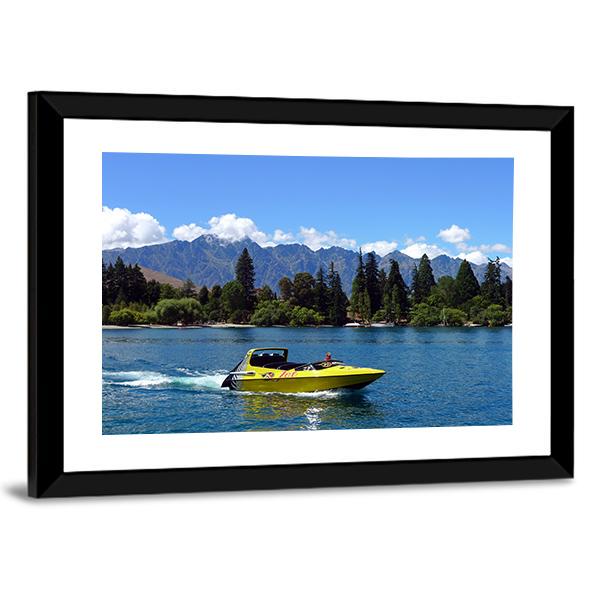 Jet Boat On Lake Wakatipu Canvas Wall Art-5 Horizontal-Gallery Wrap-22" x 12"-Tiaracle