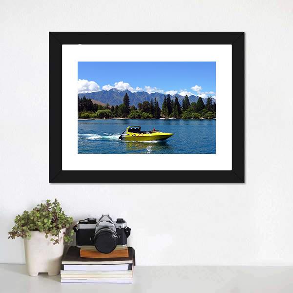 Jet Boat On Lake Wakatipu Canvas Wall Art-1 Piece-Framed Print-20" x 16"-Tiaracle