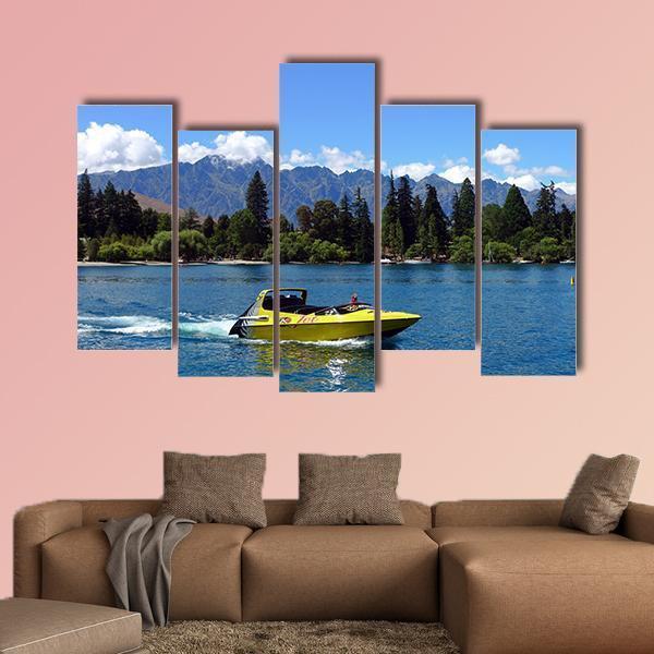 Jet Boat On Lake Wakatipu Canvas Wall Art-5 Pop-Gallery Wrap-47" x 32"-Tiaracle