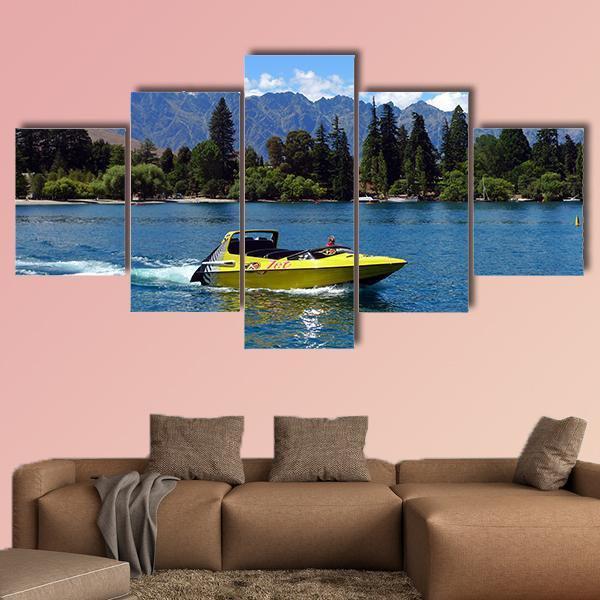 Jet Boat On Lake Wakatipu Canvas Wall Art-5 Star-Gallery Wrap-62" x 32"-Tiaracle