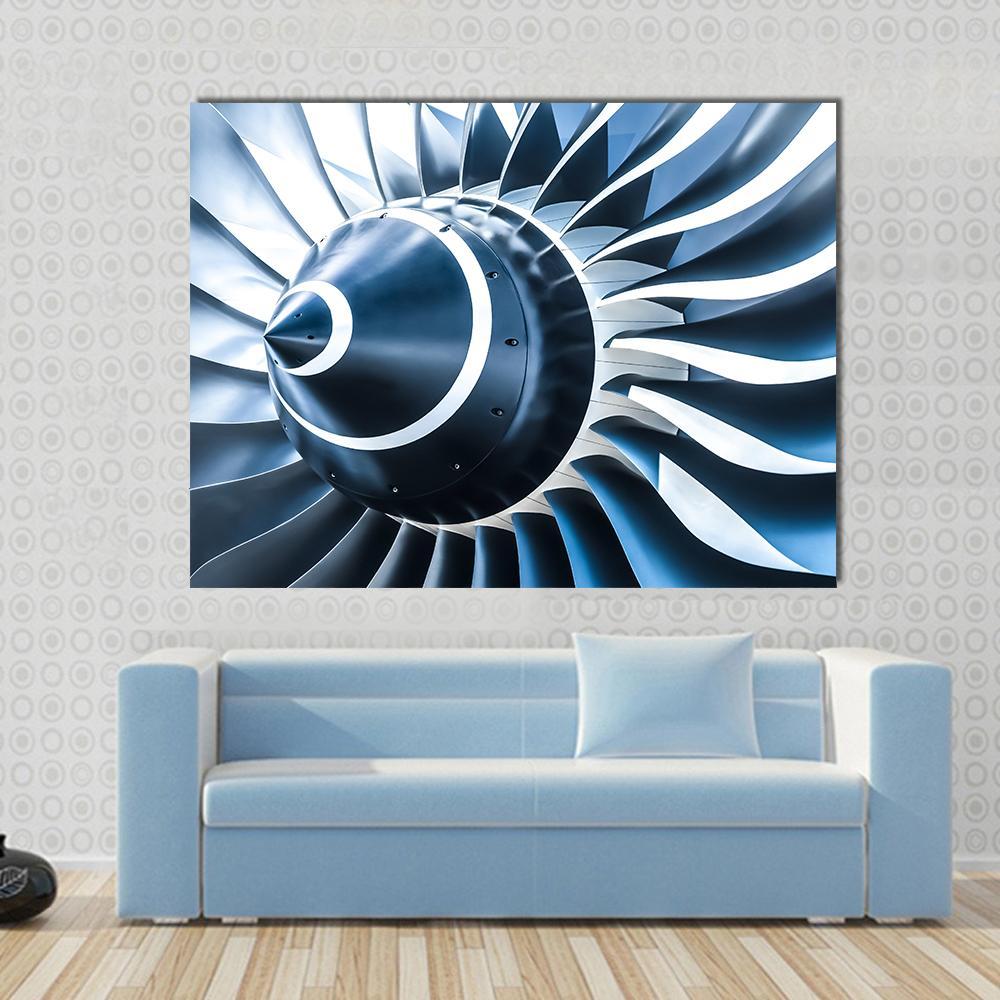 Jet Engine Blades Closeup Canvas Wall Art in black, silver and blue, single panel hung on a wall