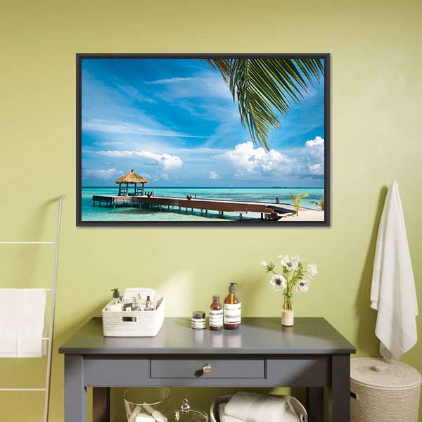 Jetty On Maldives Island Canvas Wall Art-1 Piece-Floating Frame-24&quot; x 16&quot;-Tiaracle