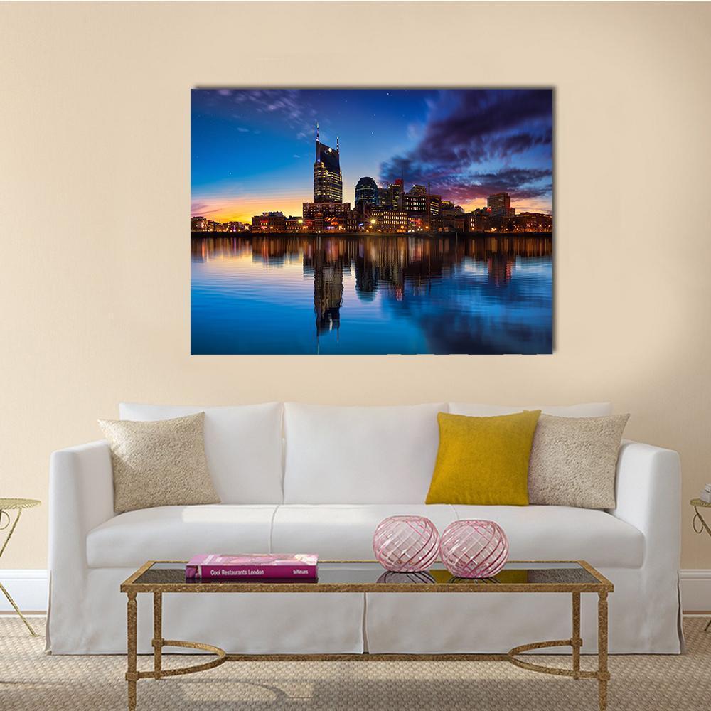 Jinji Lake Skyline at Dusk Canvas Wall Art in orange, blue and purple, single panel hung on a wall