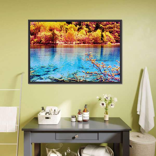Jiuzhaigou Scenery Canvas Wall Art-1 Piece-Floating Frame-24" x 16"-Tiaracle
