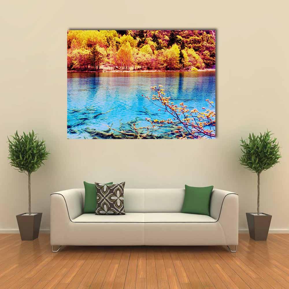 Jiuzhaigou Turquoise Lake in Autumn Canvas Wall Art in orange, yellow and blue, single panel hung on a wall