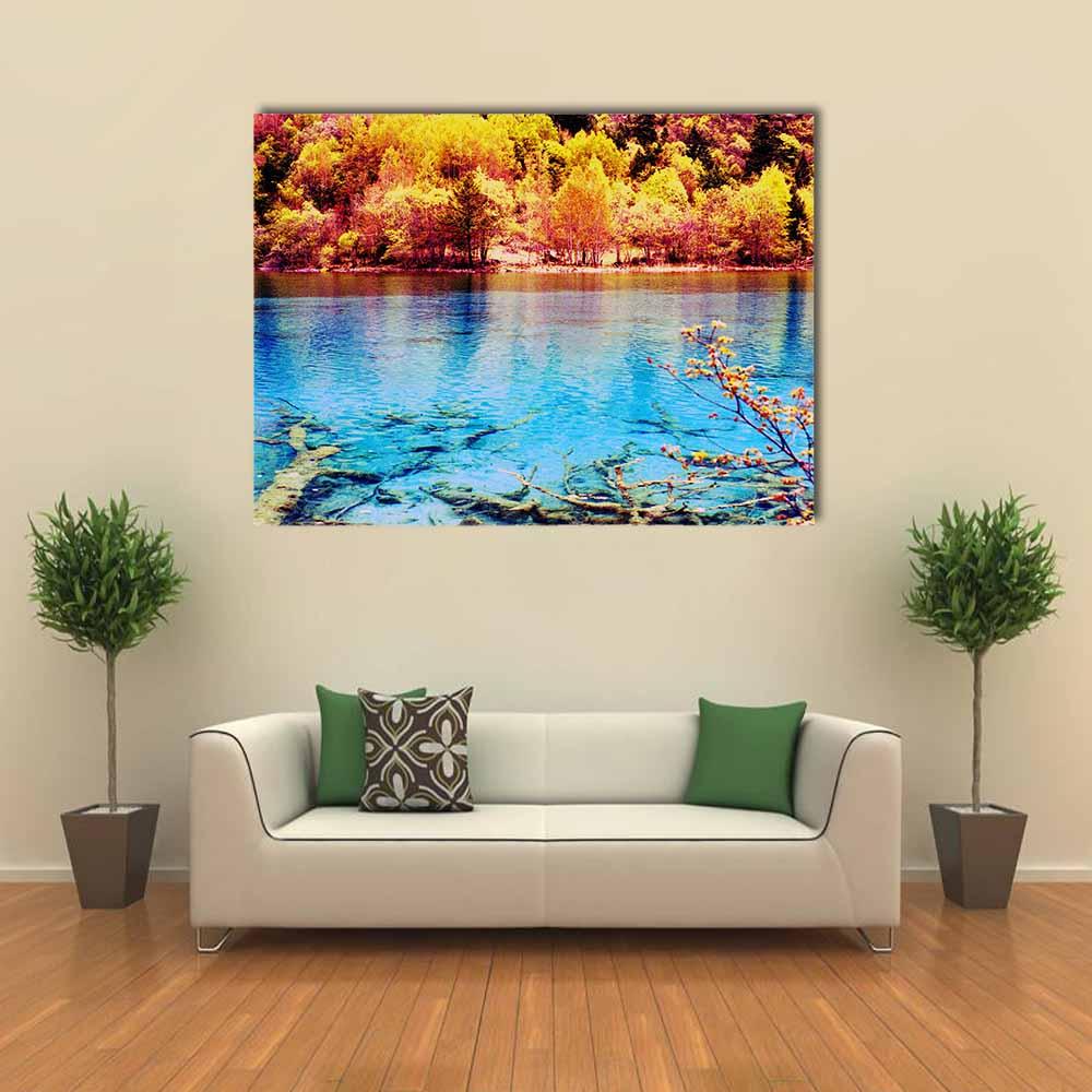 Jiuzhaigou Autumn Lake Canvas Wall Art in orange, yellow and blue, single panel hung on a wall