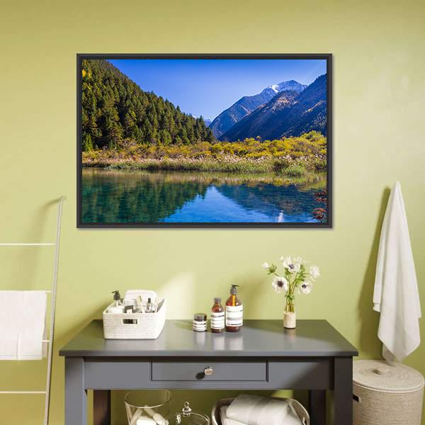Jiuzhaigou Valley Scenic Canvas Wall Art-1 Piece-Floating Frame-24" x 16"-Tiaracle