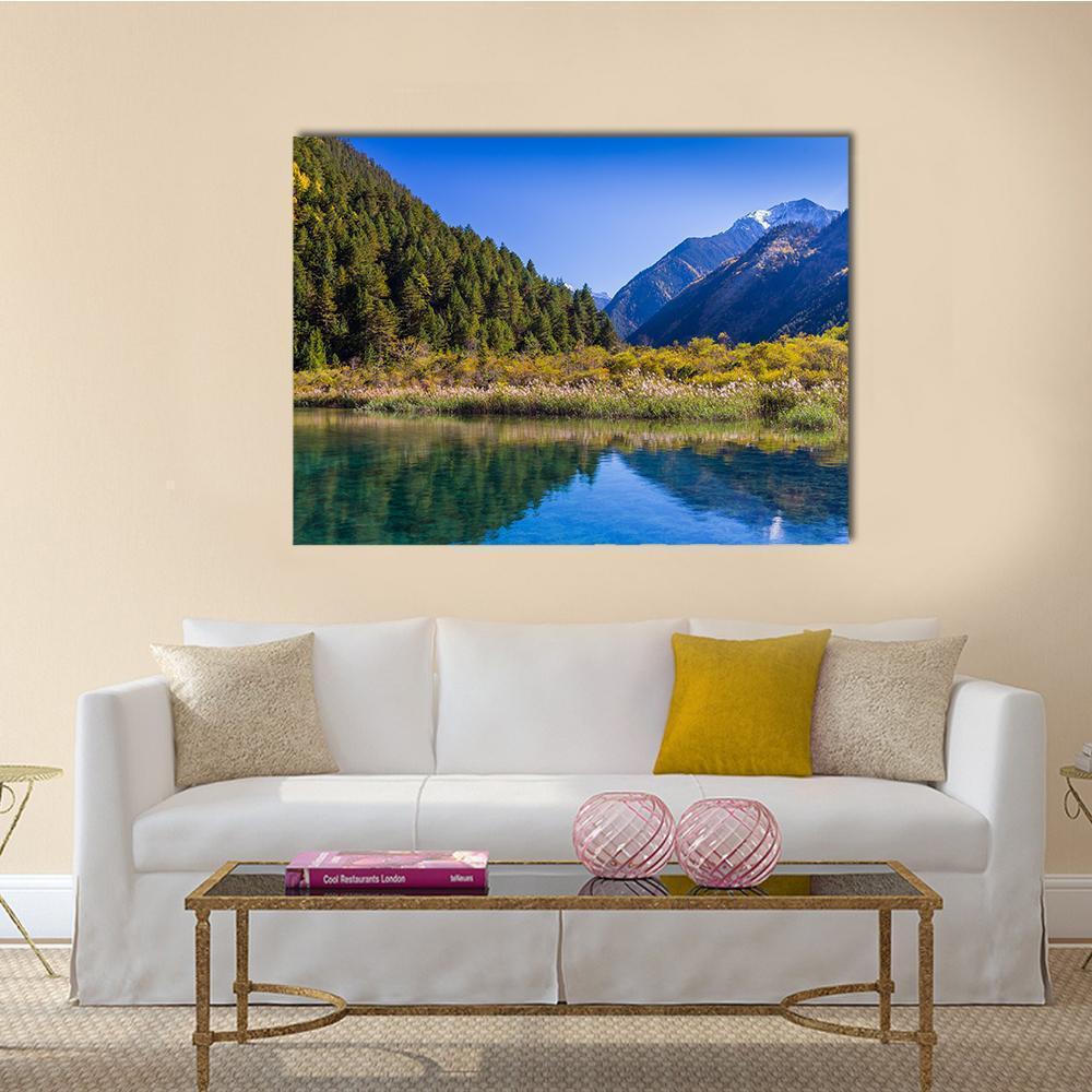 Jiuzhaigou Valley Mountain Lake Canvas Wall Art in green and blue, single panel hung on a wall