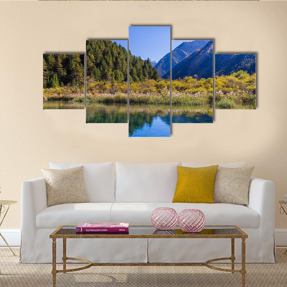 Jiuzhaigou Valley Mountain Lake Canvas Wall Art in green and blue, 5 panel Star layout hung on a wall