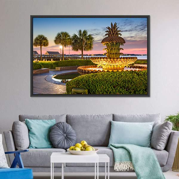 Joe Riley Waterfront Park Pineapple Fountain Sunset Canvas Wall Art in orange, yellow and blue, framed canvas, product view on a white background