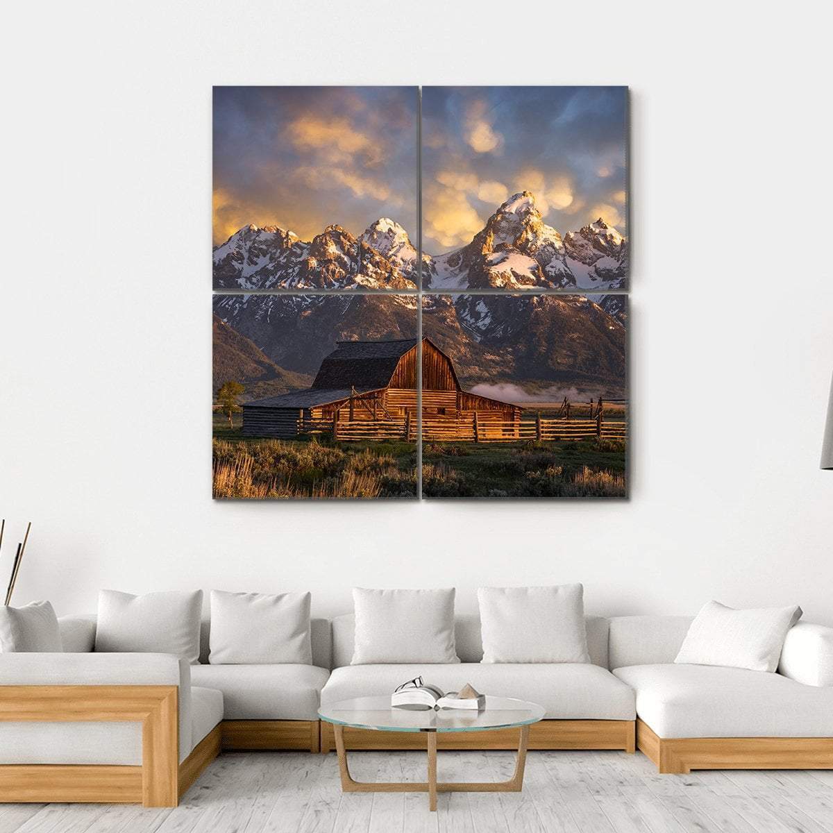 John Moulton Barn Canvas Wall Art in brown, yellow and blue, hung on a wall