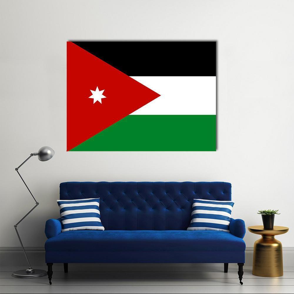 Jordanian Flag with Seven-pointed Star Canvas Wall Art in black, red and green, single panel hung on a wall
