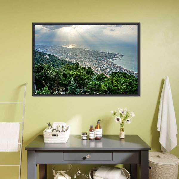 Sunbeams Over Coastal Cityscape Canvas Wall Art in gray, green and blue, framed canvas, product view on a white background