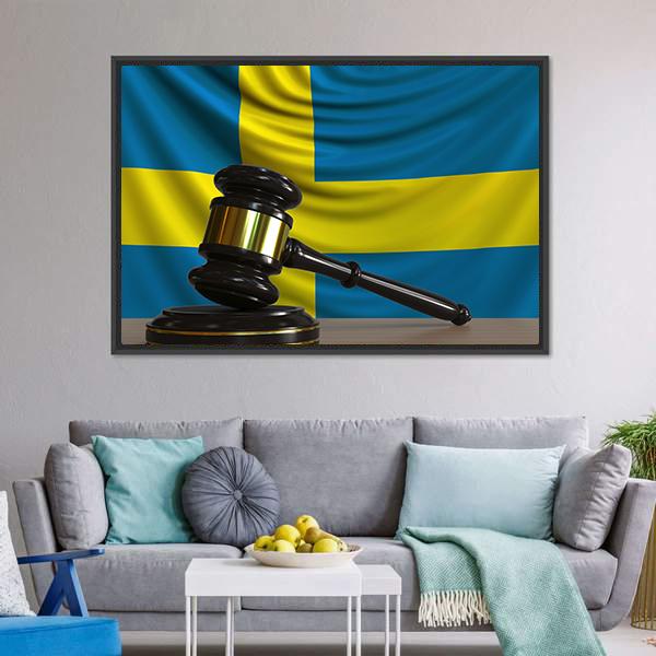 Judge Gavel & Sweden Flag Panoramic Canvas Wall Art-1 Piece-36" x 12"-Tiaracle