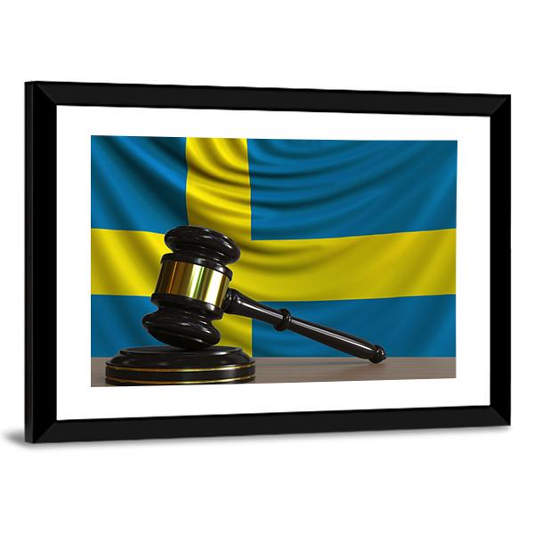 Judge Gavel & Sweden Flag Panoramic Canvas Wall Art-1 Piece-36" x 12"-Tiaracle