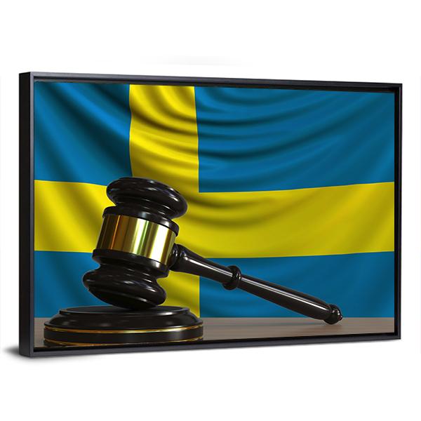 Judge Gavel & Sweden Flag Panoramic Canvas Wall Art-1 Piece-36" x 12"-Tiaracle