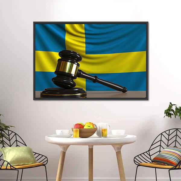 Judge Gavel & Sweden Flag Panoramic Canvas Wall Art-1 Piece-36" x 12"-Tiaracle