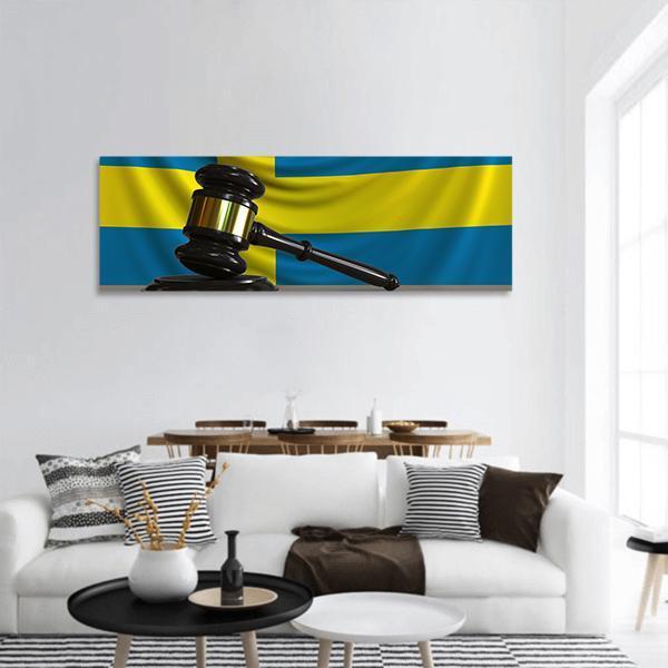 Judge Gavel &amp; Sweden Flag Panoramic Canvas Wall Art-1 Piece-36" x 12"-Tiaracle