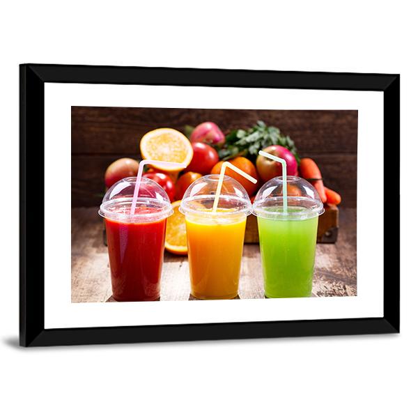 Juices With Fruits Canvas Wall Art-1 Piece-Framed Print-20" x 16"-Tiaracle
