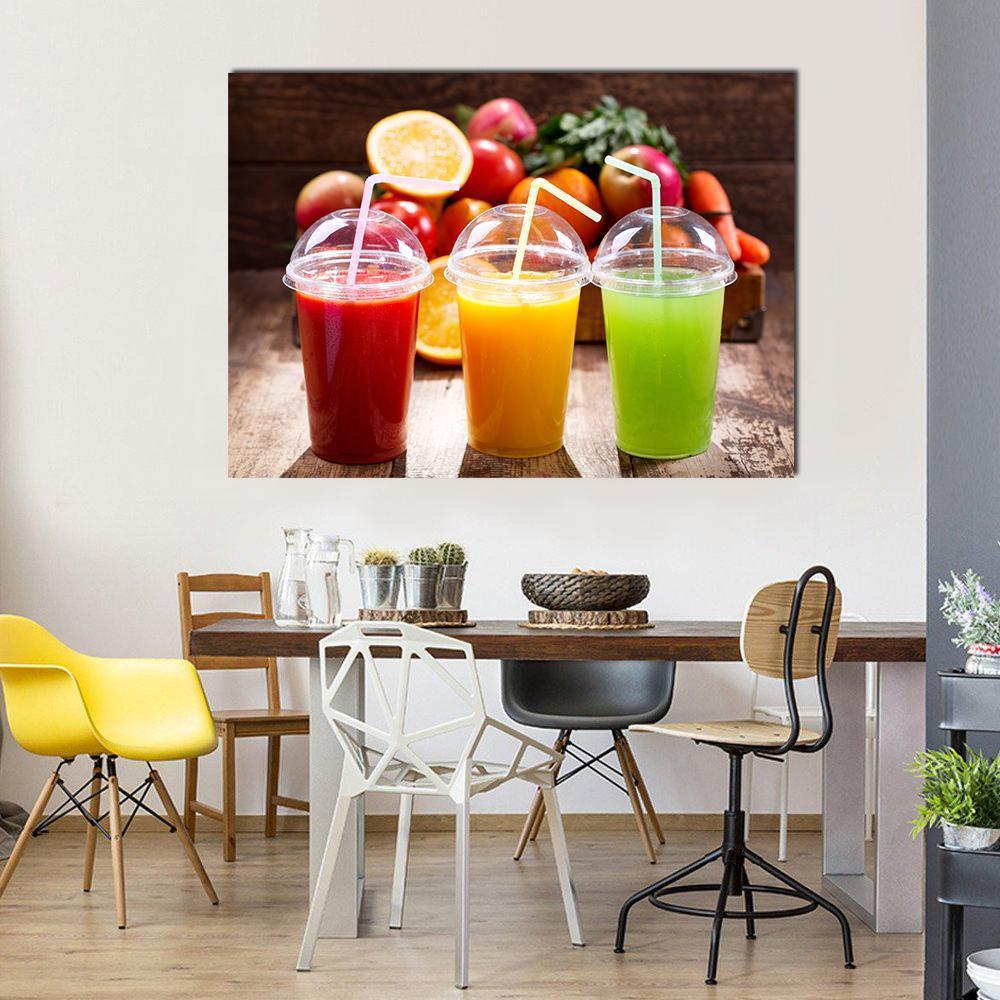 Juices with Fruits Canvas Wall Art in brown, red and multicolor, single panel hung on a wall