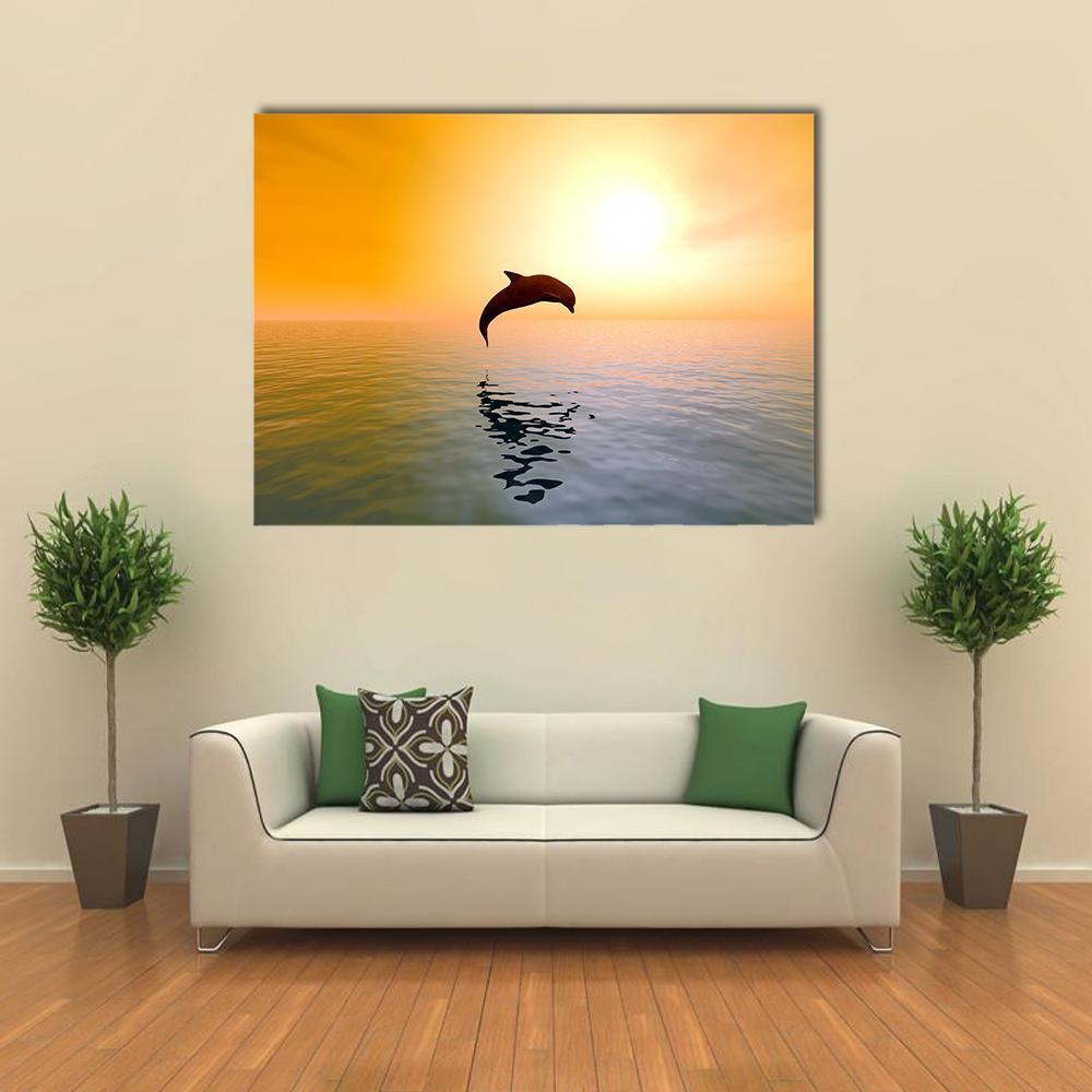 Jumping Dolphin at Sunset Canvas Wall Art in orange, yellow and blue, single panel hung on a wall