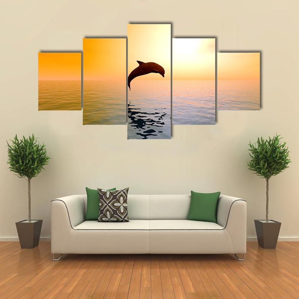 Jumping Dolphin Canvas Wall Art-5 Star-Gallery Wrap-62" x 32"-Tiaracle