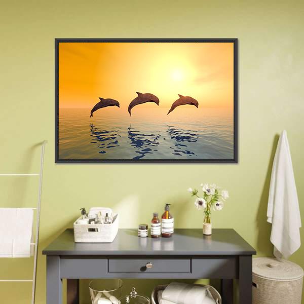 Jumping Dolphins Canvas Wall Art-1 Piece-Floating Frame-24" x 16"-Tiaracle