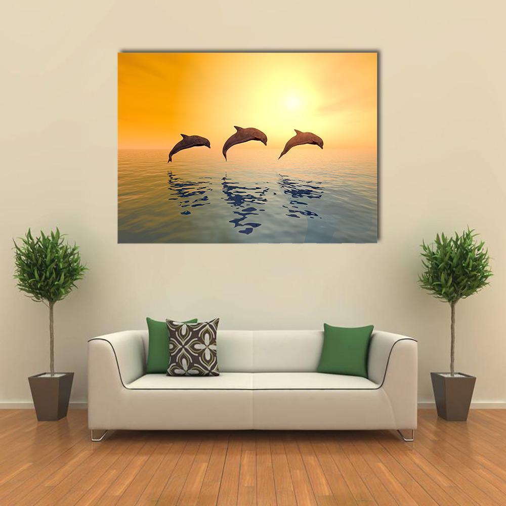 Jumping Dolphins Canvas Wall Art in orange, yellow and blue, single panel hung on a wall