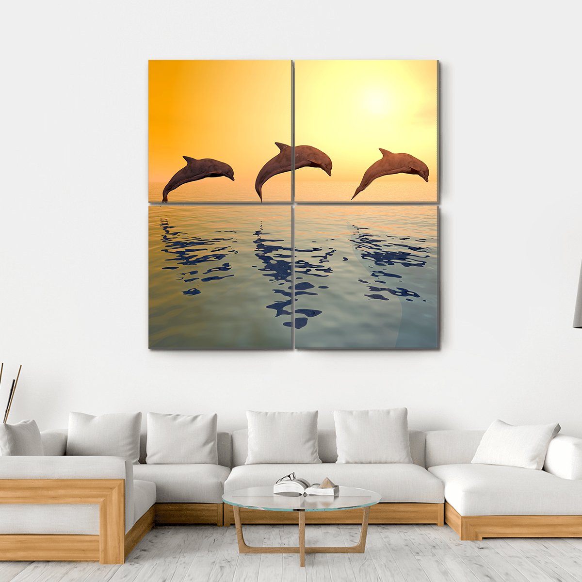 Jumping Dolphins Canvas Wall Art-5 Horizontal-Gallery Wrap-22" x 12"-Tiaracle