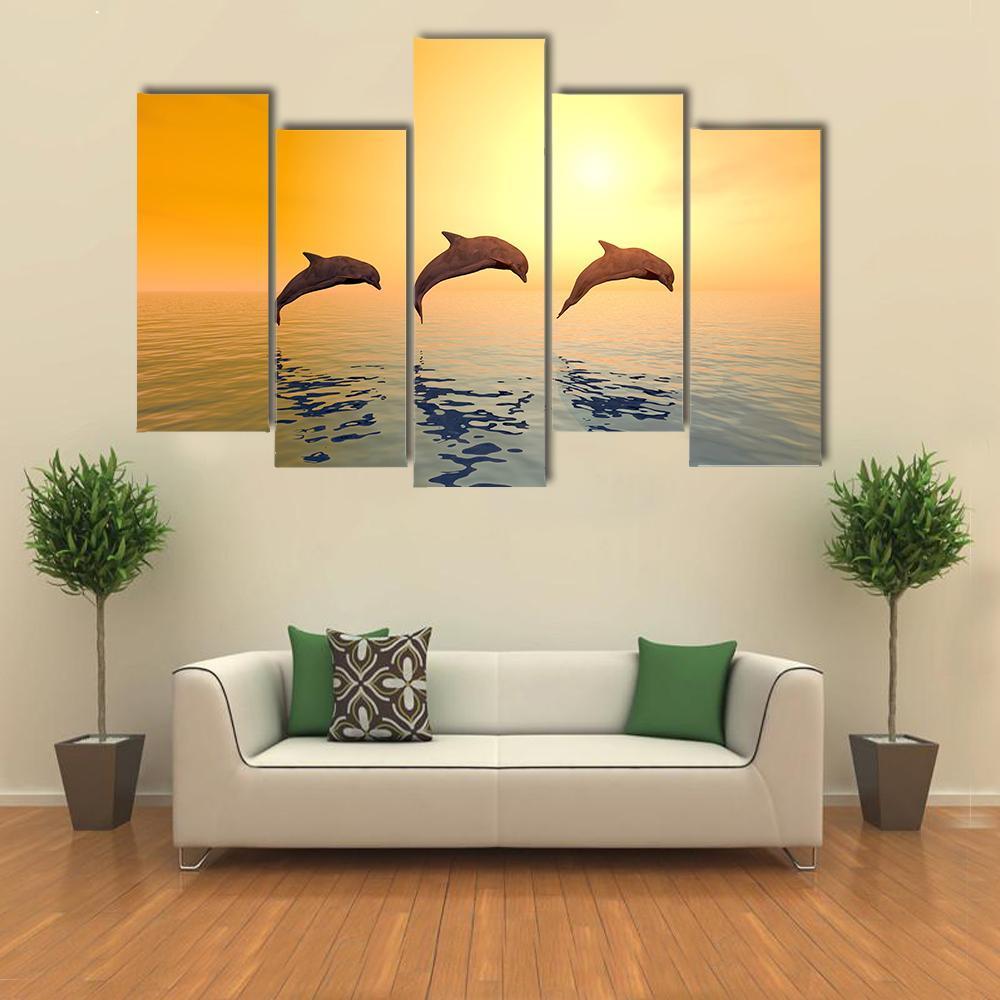 Jumping Dolphins Canvas Wall Art-5 Pop-Gallery Wrap-47" x 32"-Tiaracle