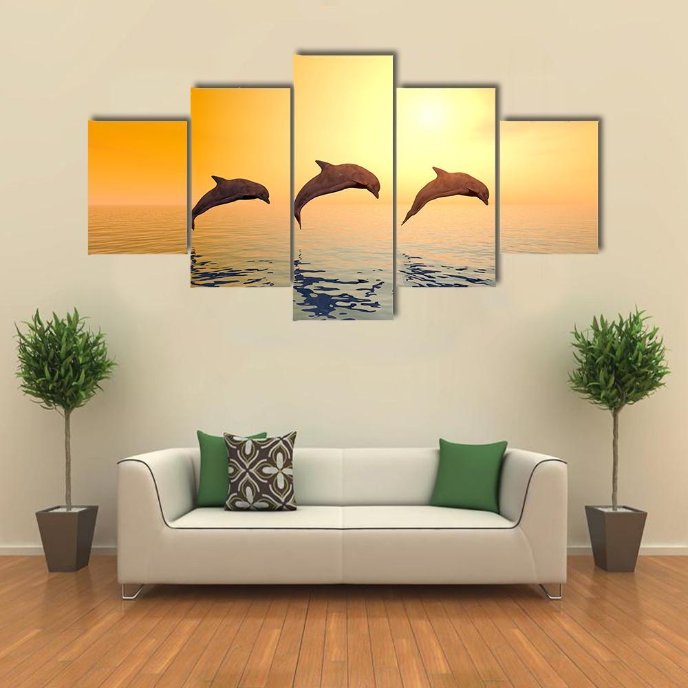 Jumping Dolphins Canvas Wall Art-5 Star-Gallery Wrap-62" x 32"-Tiaracle