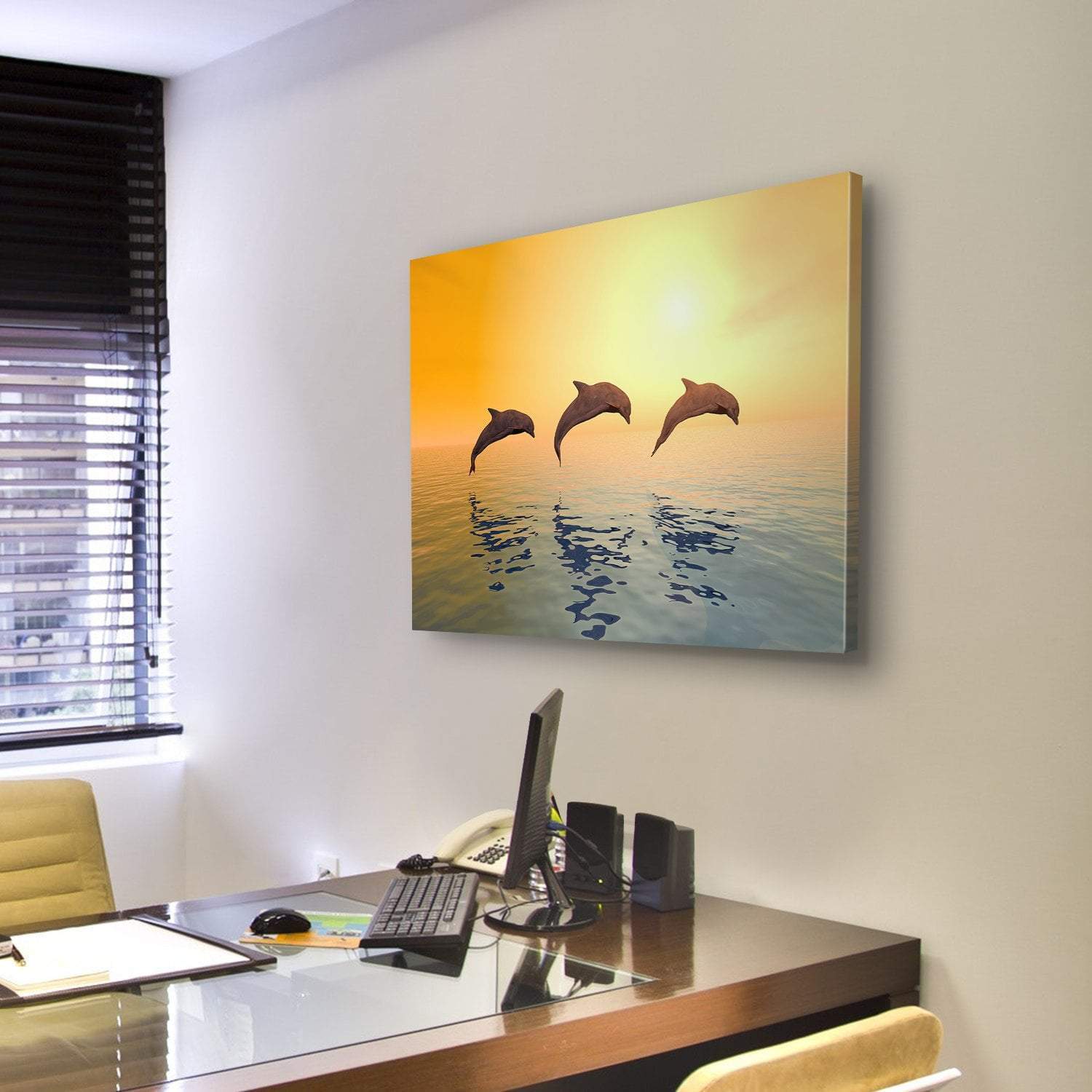 Jumping Dolphins Canvas Wall Art-5 Pop-Gallery Wrap-47" x 32"-Tiaracle