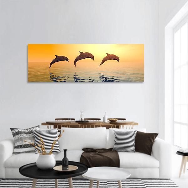 Jumping Dolphins Panoramic Canvas Wall Art-1 Piece-36" x 12"-Tiaracle