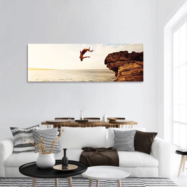 Cliff Jumping Into Ocean Panoramic Canvas Wall Art-1 Piece-36" x 12"-Tiaracle